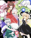  ascot blonde_hair blue_eyes blush bow broom brown_eyes brown_hair divine_spirit frog ghost gohei green_eyes green_hair gseeddjp hair_bow hair_ornament hair_tubes hakurei_reimu hat highres hitodama katana kirisame_marisa kochiya_sanae konpaku_youmu konpaku_youmu_(ghost) long_hair multiple_girls myon scabbard sheath short_hair silver_hair snake sword tassel ten_desires touhou vest weapon witch witch_hat yamo_ka yellow_eyes 