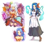  blue_hair bow breasts bust hair_bow hair_ornament kara_(color) long_hair maid mask multiple_persona orange_eyes red_eyes rocbouquet romancing_saga romancing_saga_2 saga simple_background thigh-highs thighhighs white_hair 