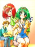  1boy 2girls alternate_hairstyle bangs bed bedroom blue_shirt blush book brown_eyes brown_hair casual dress fujita_hiroyuki green_eyes green_hair green_shirt hair_brush kamigishi_akari multi multiple_girls pillow red_hair ribbon robot_ears short_hair skirt smile to_heart 