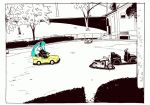  blue_hair bumper_car hatsune_miku long_hair monochrome motor_vehicle motorcycle nihohe spot_color vehicle vocaloid 