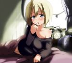  :o alarm_clock alternate_costume atahuta bed blonde_hair blue_eyes blush book clock erica_hartmann heart looking_at_viewer lying off_shoulder on_side open_mouth shiny shiny_skin short_hair solo strike_witches sweater symbol-shaped_pupils window 
