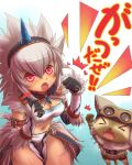  blush breasts capcom cat character_request cleavage closed_eyes felyne gloves hairband highres horn kirin kirin_(armor) monster_hunter navel open_mouth pink_eyes red_eyes shiny shiny_skin tsukigami_chronica white_hair 