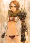  bandage brown_hair face flat_chest gloves highres igau mechanical_arm midriff original panties scarf serious shoulder_pads solo underwear 