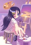  bird black_hair blonde_hair blue_eyes brush coat easel footwear foreshortening hair_ornament hairclip hands long_hair mouth_hold oekaki_musume outstretched_arm outstretched_hand paint paintbrush palette reaching sitting sky sleeves_rolled_up slippers socks solo soraneko+ sunset water white_coat wink 
