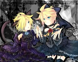  animal_ears aqua_eyes artist_request black_dress blonde_hair choker crossdressinging dual_persona flower frills garter gothic_lolita hair_bow hair_over_one_eye holding_hands imitation_black_(vocaloid) kagamine_len loveless_(vocaloid) male nekomimi outstretched_arm short_hair smile tail trap vocaloid 