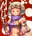  armor asymmetrical_clothes capcom character_request gauntlets gloves goggles hat light_smile looking_away midriff monster_hunter monster_hunter_frontier navel orange_eyes paw_print pink_hair red_background scarf shiny shiny_skin short_hair smile solo tissue_(pixiv) title_drop 