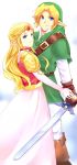  blue_eyes earrings firmicus hat highres jewelry link long_hair long_image nintendo ocarina_of_time pointy_ears princess_zelda smile sword tall_image the_legend_of_zelda weapon 