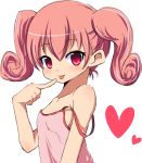  :p bad_id bangs bare_shoulders blush body_blush breasts bust camisole child curly_hair finger_to_mouth flat_chest heart looking_at_viewer naughty_face no_bra off_shoulder original pink_eyes pink_hair short_hair short_twintails sideboob simple_background sleeveless solo strap_slip take_(office-t) tank_top tongue twintails 