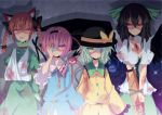  4girls animal_ears arm_cannon arm_sling bandages black_hair black_wings blood blood_on_face bloody_clothes blue_dress braid breasts cape cat_ears cat_tail chain chained cleavage dress extra_ears eyepatch fangs glowing glowing_eyes green_dress green_eyes hairband kaenbyou_rin komeiji_koishi komeiji_satori large_breasts long_hair long_sleeves looking_at_viewer minoru multiple_girls multiple_tails open_mouth pink_eyes purple_hair red_eyes redhead reiuji_utsuho shaded_face shirt short_hair short_sleeves siblings silver_hair sisters skirt slit_pupils space tail third_eye touhou twin_braids v_arms weapon wide_sleeves wings yellow_dress 