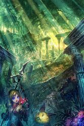  blonde_hair food forest fruit hair_ornament highres imu legend_of_mana long_hair manimanima monster nature overgrown polearm rabite ruins seiken_densetsu spear sunlight weapon 