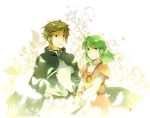 brown_hair cape couple erin feather feathers green_eyes green_hair hand_holding holding_hands ia-lu jewelry kemono_no_souja_erin looking_at_viewer short_hair takana 