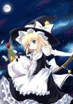  absurdres bad_id bag bags blonde_hair blue_eyes broom elbow_gloves full_moon gloves hat highres kirisame_marisa long_hair moon nabiiro nibiiro_shizuka night sack sky solo star star_(sky) starry_sky torn touhou witch_hat 