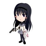  akemi_homura black_eyes black_hair blood blush_stickers gun hairband handgun kyubey kyuubee long_hair magical_girl mahou_shoujo_madoka_magica no_nose open_mouth pantyhose sakurato_tsuguhi simple_background solo weapon 