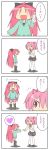  4koma blush boots comic denim denim_shorts drooling fang hair_ribbon heart highres hoodie kaname_madoka knee_boots kyubey mahou_shoujo_madoka_magica miyako_hito multiple_girls pink_hair red_hair redhead ribbon sakura_kyouko school_uniform short_hair short_twintails shorts skirt spoken_heart thigh-highs thighhighs time_paradox translated twintails umaibou wide_face young zettai_ryouiki |_| 