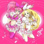  :3 :d :p blonde_hair blue_eyes boots bow brooch cat choker cure_melody cure_rhythm curly_hair earrings frills green_eyes hair_ribbon hammy happy heart highres houjou_hibiki hummy_(suite_precure) jewelry long_hair magical_girl mascot midriff minamino_kanade multiple_girls musical_note navel open_mouth pink_background pink_hair pink_legwear precure ribbon skirt smile suite_precure thigh-highs thighhighs tihori-t tongue treble_clef twintails wrist_cuffs 