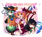  absurdres ascot asymmetrical_wings black_hair black_legwear blonde_hair blush dress eyeball flandre_scarlet green_eyes green_hair hat heart heart_of_string highres houjuu_nue komeiji_koishi magu multiple_girls red_eyes short_hair side_ponytail silver_hair snake thigh-highs thighhighs touhou wings yellow_eyes 