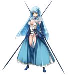  blue_hair breasts cleavage dual_wielding elbow_gloves elf gloves hair_ornament hotori_(artist) hotori_(sion) katana legs long_hair original pointy_ears simple_background solo sword thighs weapon yellow_eyes 
