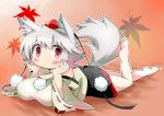  :&lt; animal_ears bare_legs barefoot blush breast_rest breasts chibi chin_rest detached_sleeves gibuchoko hat highres inubashiri_momiji large_breasts leaf leg_up lying maple_leaf on_stomach red_eyes silver_hair slit_pupils solo tail tokin_hat touhou wolf_ears wolf_tail 