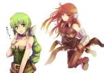  :d armor bare_shoulders belt boots bow braid choker ginny_knights gloves green_eyes green_hair hair_bow kara_(color) long_hair multi-tied_hair multiple_girls open_mouth pantyhose pouch primiera red_eyes red_hair redhead saga saga_frontier_2 shorts simple_background smile tattoo 