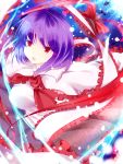  absurdres bad_id bad_perspective bow colored_eyelashes eyelashes fish foreshortening hat hat_removed headwear_removed highres nagae_iku outstretched_arms purple_hair red_eyes shawl short_hair solo spread_arms suzuchi1218 touhou 