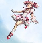  bow bubble_skirt gloves hair_bow kaname_madoka magical_girl mahou_shoujo_madoka_magica oi_yameru pink_eyes pink_hair shoes short_twintails smile solo twintails water white_gloves white_legwear 