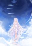  barefoot bird cloud clouds dress highres long_hair pixiv_fantasia pixiv_fantasia_5 red_eyes skade sky stairs very_long_hair white_hair 