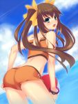  adjusting_clothes ass bad_id ball beach beachball blush brown_hair green_eyes hair_ribbon huang_lingyin infinite_stratos long_hair looking_back midriff open_mouth ribbon shorts solo twintails 