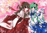  2girls blue_eyes blush bow breasts brown_eyes brown_hair detached_sleeves frog green_hair hair_bow hair_ornament hair_tubes hakurei_reimu hinaco kochiya_sanae long_hair miko multiple_girls short_hair snake touhou 