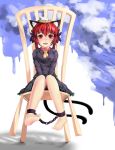  1girl animal_ears ankle_cuffs barefoot bird_nest bow braid cat_ears cat_tail chain chained chair collar dress egg hair_bow highres kaenbyou_rin long_hair long_sleeves lu_hao_liang multiple_tails nest object_on_head open_mouth purple_dress red_eyes redhead short_hair sitting smile solo tail touhou twin_braids v_arms young 