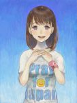  anegasaki_nene brown_hair clothes_writing clothing_writing face love_plus pikipon short_hair sky solo t-shirt tegaki wristband 