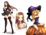  blonde_hair boots breasts brown_eyes brown_hair bust catiua_powell cleavage deneb_rhode deneb_rove dress gloves hairband hat high_heels jewelry kara_(color) large_breasts long_hair miniskirt multiple_girls necklace panties pantyshot pantyshot_(sitting) pantyshot_sitting pumpkin purple_eyes sherri_phoraena shoes simple_background sitting skirt smile strapless tactics_ogre thigh-highs thigh_boots thighhighs underwear violet_eyes witch witch_hat 