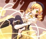  :o beret blonde_hair boots breasts corset drill_hair dutch_angle hair_ornament hat leg_hug magical_girl mahou_shoujo_madoka_magica mo-tototo pleated_skirt puffy_sleeves skirt solo taut_shirt thigh-highs thighhighs tomoe_mami yellow_eyes 