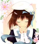  brown_hair closed_eyes eyes_closed flower hagiwara_yukiho hands_clasped hat idolmaster ikkyuu_(yzkw) short_hair 