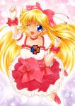  aino_minako bishoujo_senshi_sailor_moon blonde_hair blue_eyes bow brooch choker cosplay cure_peach cure_peach_(cosplay) dress earrings fresh_precure! frills hair_ribbon happy jewelry long_hair magical_girl precure ribbon solo traditional_media wink wrist_cuffs yadokari_genpachirou 