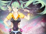  alternate_costume enphi fingerless_gloves floating_hair glasses gloves green_eyes green_hair hatsune_miku hatsune_miku_(append) highres long_hair nail_polish solo twintails very_long_hair vocaloid vocaloid_append wink wristband 