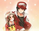  black_hair blush brown_eyes brown_hair gloves hat height_difference kotone_(pokemon) long_hair overalls pikachu pixiv_thumbnail pokemon pokemon_(game) pokemon_gsc pokemon_heartgold_and_soulsilver pokemon_hgss pokemon_rgby red_(pokemon) red_(pokemon)_(classic) resized sannya size_difference twintails 