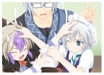  :&lt; ahoge blue-framed_glasses blush bust closed_eyes collarbone eyes_closed glasses hand_on_head horns ichiju izayoi_sakuya maid maid_headdress morichika_rinnosuke multicolored_hair multiple_girls ogami_kazuki open_mouth purple_hair pushing silver_hair sweatdrop tokiko_(touhou) touhou two-tone_hair wince wink 