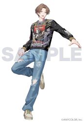  1boy :d black_sweater blue_pants brown_eyes brown_hair character_name commentary company_name copyright_notice full_body kagami_hayato long_sleeves looking_at_viewer male_focus nijisanji official_alternate_costume official_art pants print_sweater sample_watermark shoes short_hair simple_background smile solo sweater torn_clothes torn_pants virtual_youtuber watermark white_background woonak 