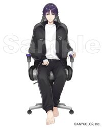  1boy bandaged_hand bandages barefoot black_jacket black_pants chair closed_mouth commentary company_name copyright_notice elbow_rest feet full_body gaming_chair green_eyes hand_rest headphones jacket kenmochi_touya kenmochi_touya_(18th_costume) long_sleeves looking_at_viewer nijisanji official_art on_chair open_clothes open_jacket pants purple_hair sample_watermark shirt short_hair simple_background sitting solo striped_clothes striped_jacket striped_pants swivel_chair tama_(songe) toes track_jacket track_pants track_suit virtual_youtuber watermark white_background white_shirt 