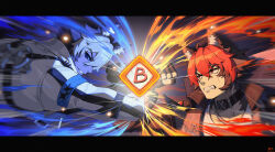  2boys absurdres animal_ear_fluff animal_ears black_gloves black_hair black_jacket black_sclera blue_eyes choker clenched_teeth colored_bangs colored_sclera commentary_request dog_boy dog_ears fighting fingerless_gloves fire from_side gloves hair_between_eyes highres jacket jewelry jfzm001 komano_manato komano_manato_(white_heart_silhouette) looking_at_another male_focus multicolored_hair multiple_boys multiple_scars muscular muscular_male necklace pectorals red_eyes red_hair scar scar_across_eye scar_on_chest scar_on_face shirt short_hair sparkle sparks spiked_jacket teeth two-tone_hair upper_body white_hair white_jacket white_shirt zenless_zone_zero 