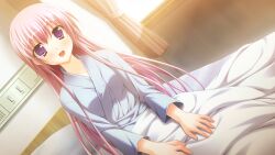  1girl blanket blue_kimono curtains dutch_angle evening game_asset hands_on_own_legs highres hisanaga_kuon hospital_gown japanese_clothes kimono konakana_2:_konata_yori_kanata_made_ii long_hair long_sleeves looking_at_viewer minase_(dragon_panda) non-web_source on_bed pink_hair self-datamine sitting smile under_covers violet_eyes window 