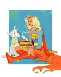  1girl animal_collar belt blonde_hair blue_bodysuit blue_eyes bodysuit boots bottle bucket cape collar commentary dc_comics disgust dog english_commentary full_body highres holding holding_bucket krypto_the_superdog on_floor red_boots red_cape red_skirt sitting skirt supergirl supergirl_(2026) supergirl_(movie_costume) superhero_costume superman_(series) superman_logo vickychendraws white_dog wine_bottle 
