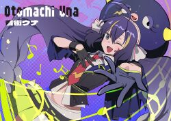  1girl :d ;d ahoge animal_hat belt black_jacket blonde_streaks blush_stickers bracelet braid character_name clothing_cutout collared_shirt commentary eighth_note facial_mark fang gloves hair_between_eyes hair_ornament half-skirt half_gloves hat highres jacket jewelry lightning_bolt_print lightning_bolt_symbol long_hair low-braided_long_hair low-tied_long_hair midriff_peek multicolored_hair musical_note navel necktie one_eye_closed open_mouth otomachi_una otomachi_una_(spicy) pippinbear pleated_skirt purple_hair reaching reaching_towards_viewer red_necktie shirt skin_fang skirt smile solo streaked_hair twintails very_long_hair violet_eyes vocaloid white_shirt zoom_layer 