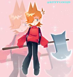  1boy 77029gf alternate_costume alternate_hairstyle alternate_universe animification antenna_hair artist_name axe black_pants black_shoes blush borrowed_design brown_hair eddsworld flipped_hair full_body grey_eyes hair_behind_ear hair_ears hair_over_one_eye holding holding_axe holding_weapon huge_weapon jitome long_sleeves looking_to_the_side male_focus no_lineart open_mouth opposite_day_(eddsworld) pants red_sweater shoes short_hair solo standing sweater tord_(eddsworld) turtleneck turtleneck_sweater weapon zoom_layer 