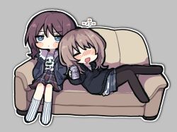  2girls asahi_breweries beer_can black_pantyhose blonde_hair blue_eyes blue_jacket blush can closed_eyes clothes_writing commentary couch drink_can drooling drunk expressionless full_body fur-trimmed_jacket fur_trim girls_band_cry grey_background hands_in_pockets highres holding holding_can iseri_nina jacket jitome kawaragi_momoka kneehighs lying_on_another medium_hair mouth_drool multiple_girls outline pantyhose red_hair shirt shirt_tucked_in sitting skirt socks white_outline white_shirt white_socks yeolomang 