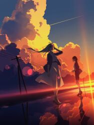  2girls absurdres ahoge arm_up black_coat black_hair black_jacket black_shoes black_skirt clouds coat commentary_request contrail dress evening fantasy floating_hair grey_hair high_heels highres jacket lens_flare long_hair long_sleeves multiple_girls nengoro original outdoors power_lines reflection reflective_liquid ripples scenery shirt shoes short_hair signature skirt standing sunset white_dress white_shirt white_shoes 