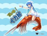  blue_hair dress hat heart ikamusume kuroneko_(raven534) long_hair oversized_object pointing riding shinryaku!_ikamusume shrimp tentacle_hair translated 
