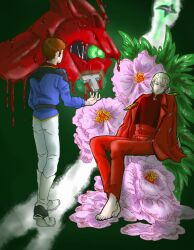  1other 2boys amuro_ray aura axis_(gundam) barefoot black_background black_shirt blonde_hair blue_jacket brown_hair char's_counterattack char_aznable closed_eyes earth_federation flower green_aura gundam hatchy80124 highres holding jacket male_focus mecha melting military_uniform mobile_suit mobile_suit_gundam multiple_boys neo_zeon one-eyed one-eyed_mecha pink_flower plant psycho_frame red_jacket robot sazabi science_fiction shirt short_hair 