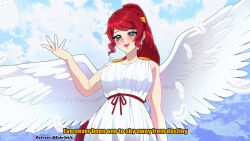  1girl angel angel_wings blue_sky blush circlet clip_studio_paint_(medium) clouds commentary day dress english_commentary english_text eyelashes feathered_wings feathers green_eyes long_hair open_mouth patreon_username ponytail pyrrha_nikos red_hair red_ribbon ribbon rwby schrwby sidelocks sky sleeveless sleeveless_dress smile solo white_dress white_wings wings 