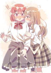  ! !! 2girls amaori_renako arm_hug ashigaya_high_school_uniform bow bowtie brown_eyes brown_hair clothes_around_waist collared_shirt commentary flying_sweatdrops grey_skirt grey_sweater highres long_hair medium_hair multiple_girls pink_bow pink_bowtie pink_hair plaid_clothes plaid_skirt pleated_skirt pout school_uniform sena_ajisai shirt skirt sweater sweater_around_waist violet_eyes watashi_ga_koibito_ni_nareru_wake_naijan_murimuri! white_shirt yairon0315 yuri 